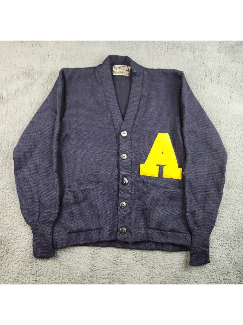 VTG‎ High School Varsity Letterman Wool Cardigan Small/Med Navy Blue Yellow "A"